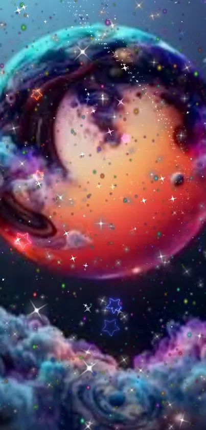 Mobile wallpaper featuring a cosmic orb with colorful nebulas and sparkling stars.