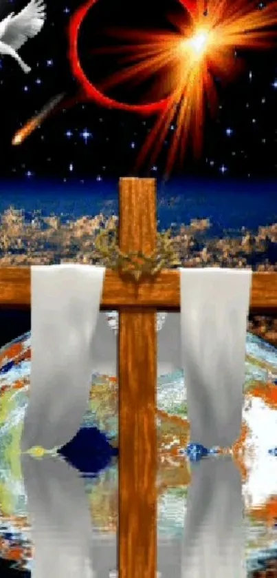 Celestial cross with cosmic background and Earth reflection.