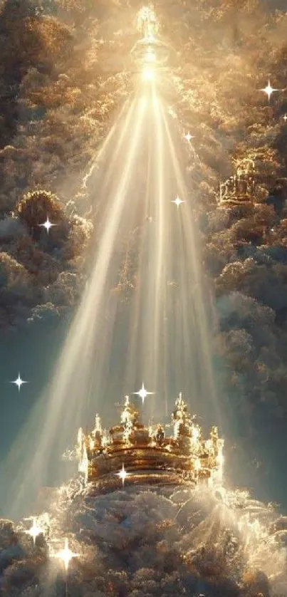 Radiant crown and clouds with golden beams, perfect for elegant wallpaper.