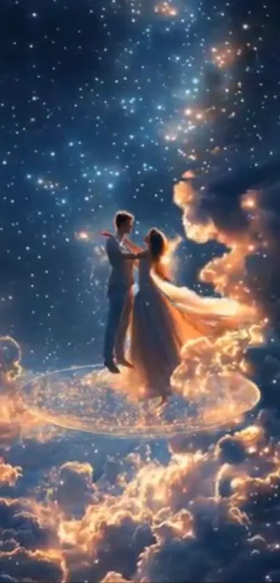 Silhouette couple dances among stars.