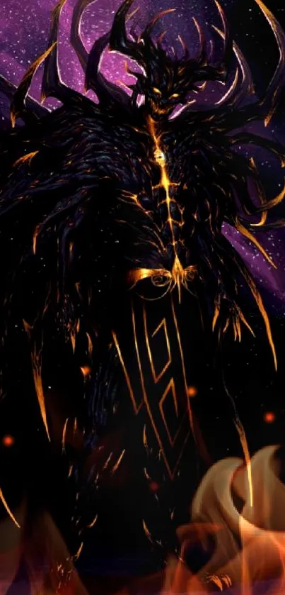 Dark warrior with cosmic purple background in fantasy artwork.