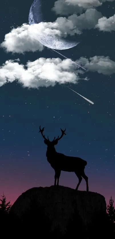 Silhouette of a deer under a night sky with stars and a crescent moon.