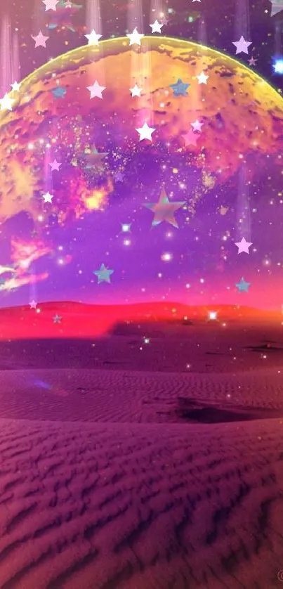 A surreal desert scene with stars and a vibrant cosmic sky.