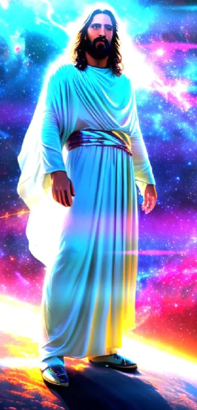 A divine figure in white stands against a vibrant cosmic background.