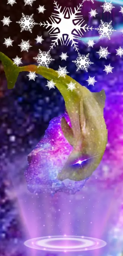 A dolphin in a cosmic dreamscape with vibrant purple and snowflakes.