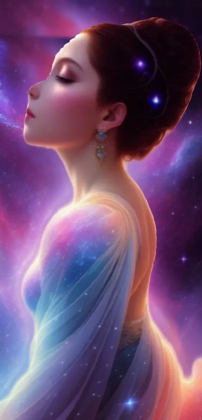 Fantasy art wallpaper with a celestial woman in a cosmic galaxy setting.