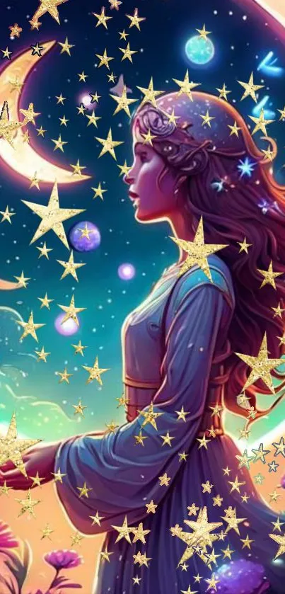 Ethereal celestial art with stars and a mystical woman under a crescent moon.