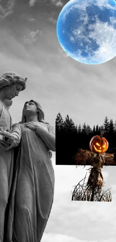 Angel under blue moon with mystical forest in grayscale.