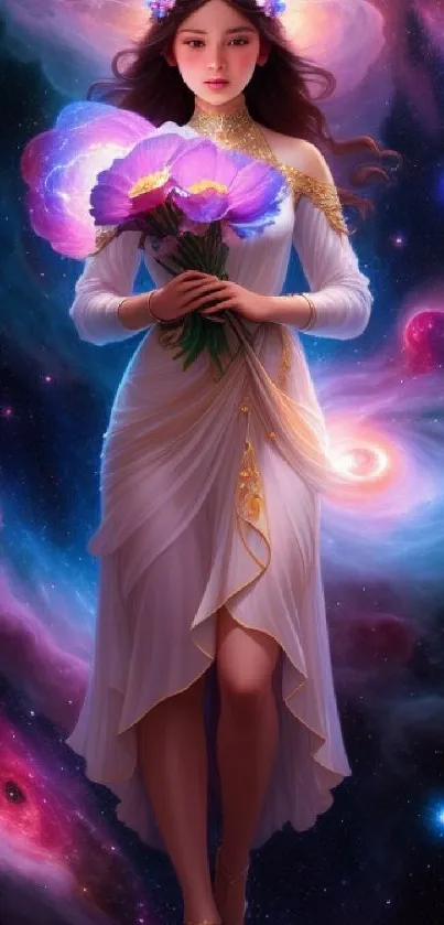 Fantasy enchantress in a celestial, cosmic scene.