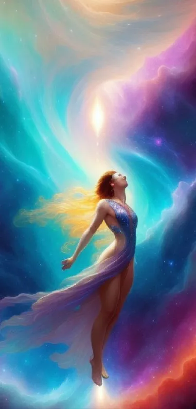 Ethereal fantasy art with cosmic hues and a serene floating figure.