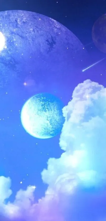 Ethereal celestial wallpaper with glowing planets and dreamy clouds.