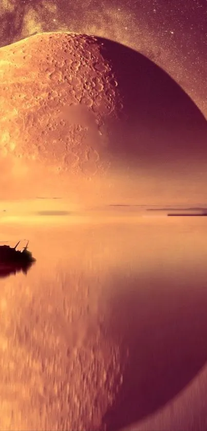 Mystical lunar landscape reflecting on serene waters under a starry sky.