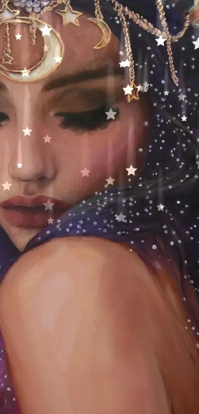 Ethereal figure with celestial decorations and purple cosmic background.