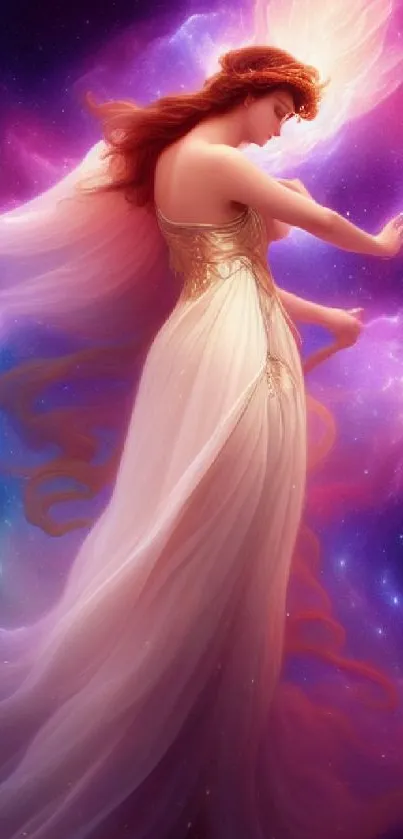 Ethereal goddess in glowing cosmic scene, vibrant colors.