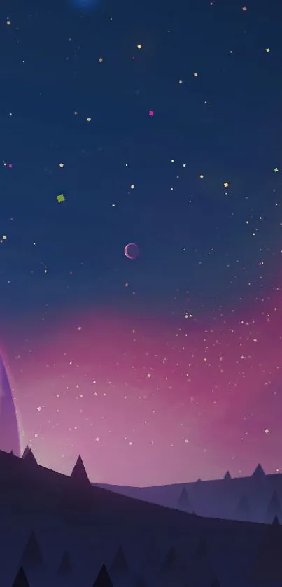 A celestial mobile wallpaper featuring a starry night sky with deep blue and pink colors.