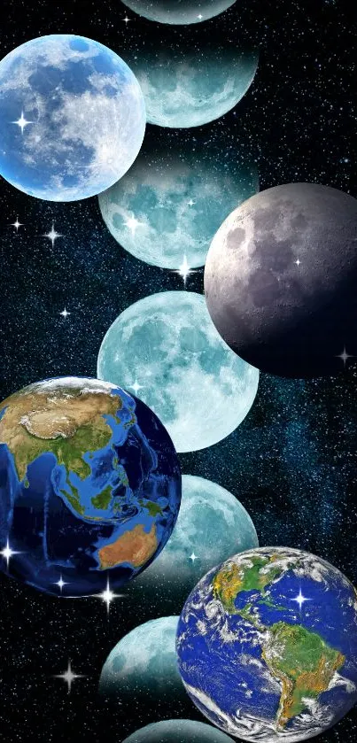 Celestial wallpaper featuring Earth and lunar phases against the night sky.