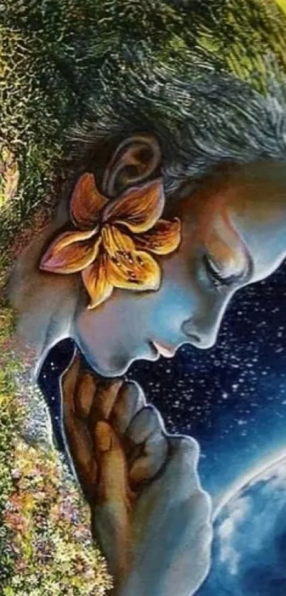 Earth goddess art with floral and cosmic background in blue tones.