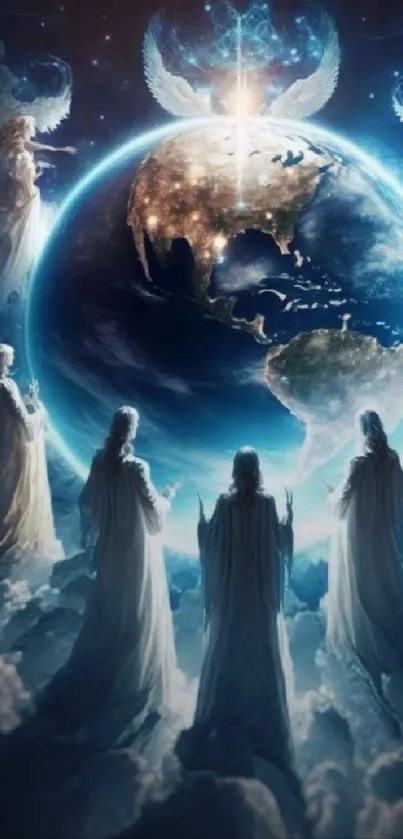 Angelic figures surround Earth in a celestial wallpaper.