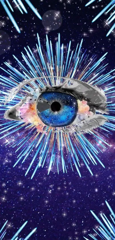 A digital artwork of an eye with blue spikes in a starry galaxy background.