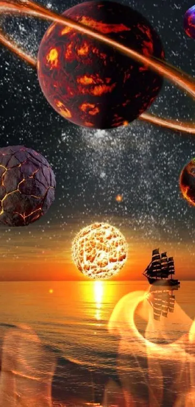 Colorful planets and sunset beach fantasy wallpaper.