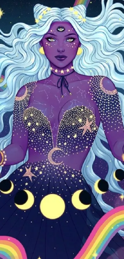 Mystical celestial goddess with stars and rainbows in a cosmic fantasy scene.