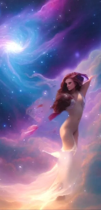 Ethereal woman in cosmic setting with swirling stars and colorful clouds.