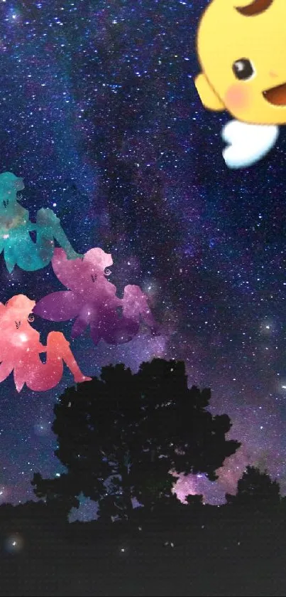 Starry night wallpaper with colorful fairies and a cute character.