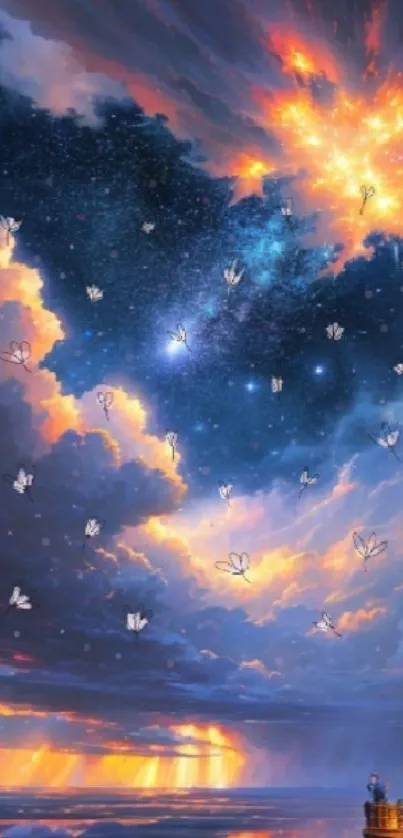 Fantasy sky with stars and butterflies in a vibrant, celestial night scene.