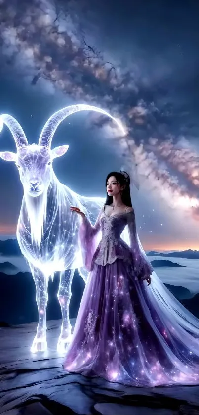 Fantasy woman with celestial goat against starry sky.