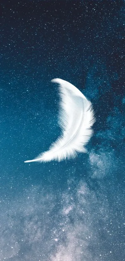 A white feather floats against a starry dark blue and cosmic backdrop.