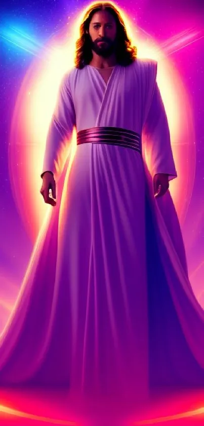 Celestial figure bathed in a radiant cosmic glow on a vibrant purple background.