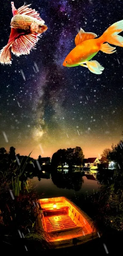 Celestial fish swimming in a starry night sky above a boat on the lake.