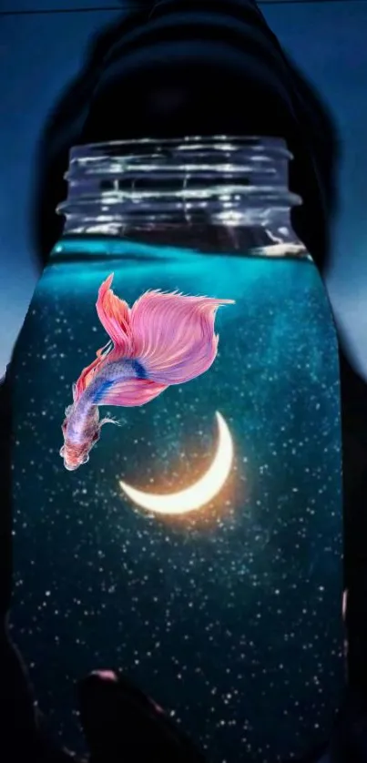 Cosmic fish swimming in a starry jar against a dark cyan sky.