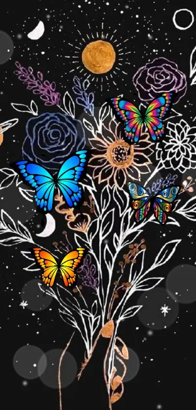 Colorful butterflies with floral and cosmic motifs on a dark background wallpaper.