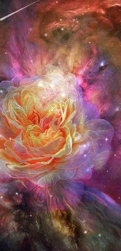 Ethereal flower set in a vibrant cosmic galaxy, blending orange and purple hues.