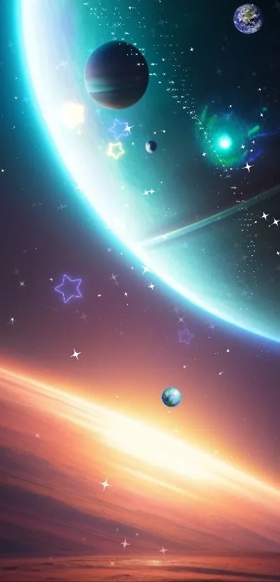 Colorful galaxy wallpaper with planets and stars.