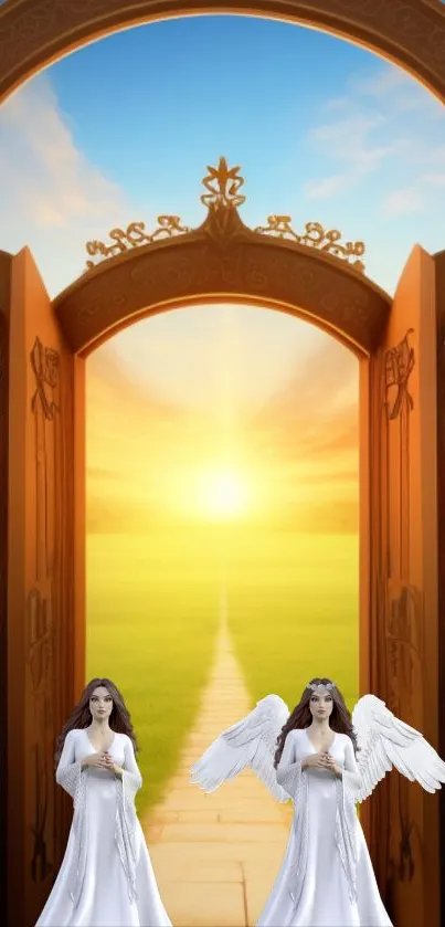 Angelic figures stand before an ornate open gateway with a radiant sky background.