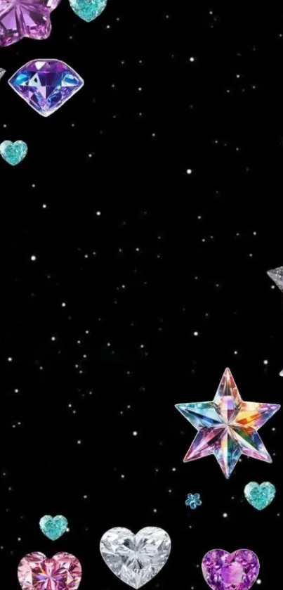 Colorful gemstone hearts and stars wallpaper.