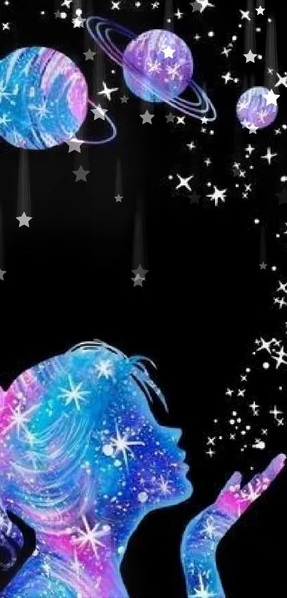 Silhouette of a girl with planets and stars in vibrant galaxy colors.