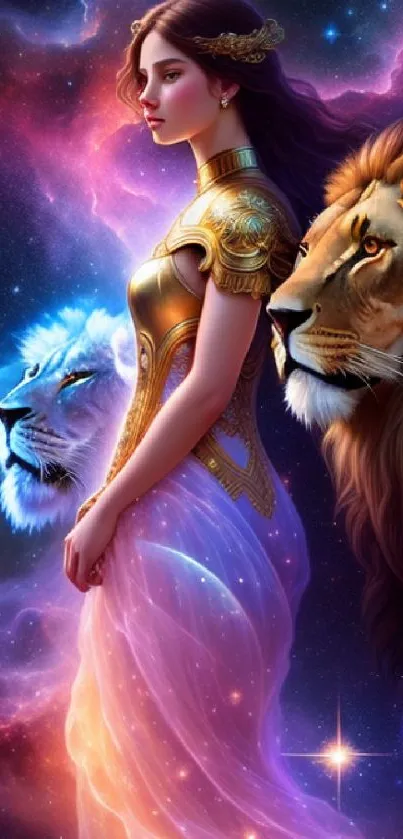 Mystical goddess with two lions in galaxy background wallpaper.