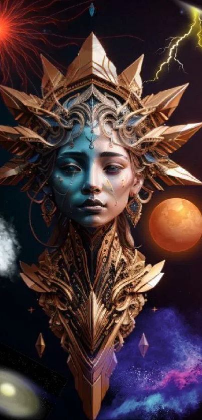 Celestial goddess artwork with cosmic elements in vibrant colors.