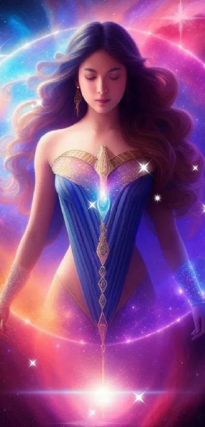 Celestial goddess with cosmic aura in galaxy-themed mobile wallpaper.