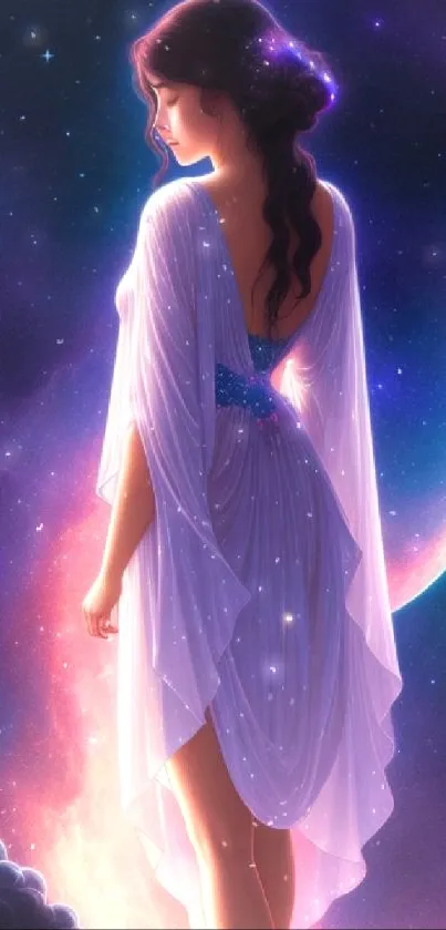 Celestial goddess with cosmic backdrop and starry night sky.