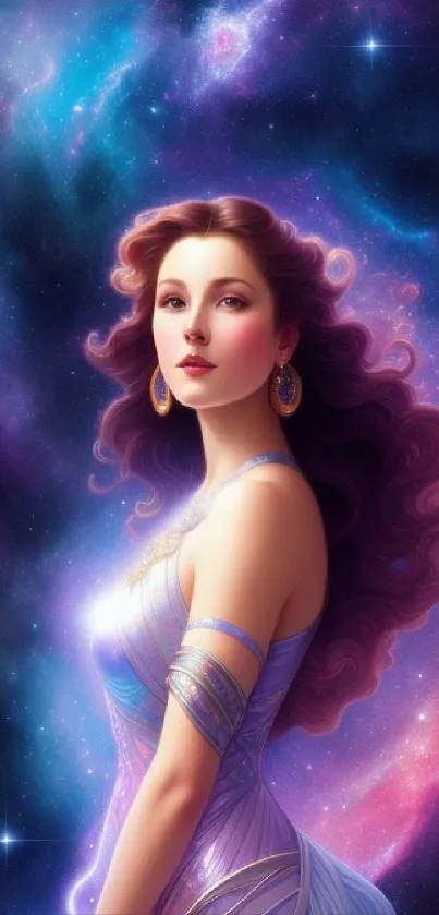 Celestial goddess in a cosmic galaxy scene on phone wallpaper.