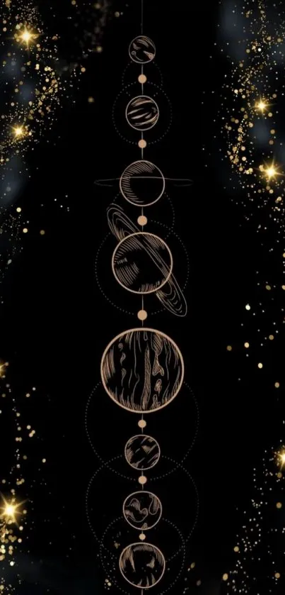 Gold planets and stars on black background wallpaper.