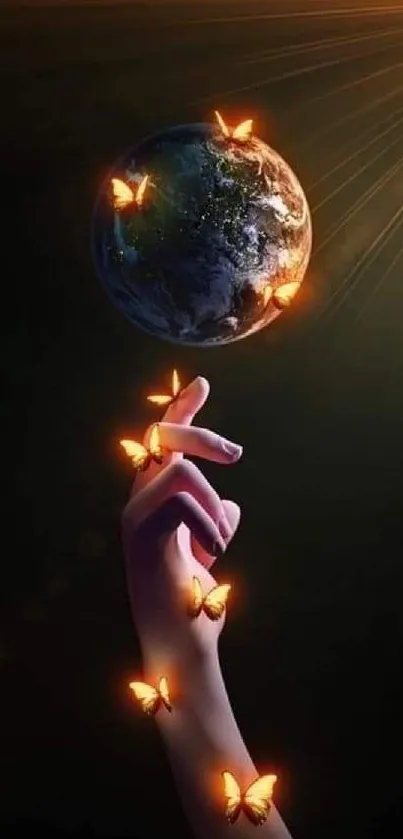 Hand with glowing butterflies near Earth under cosmic light.