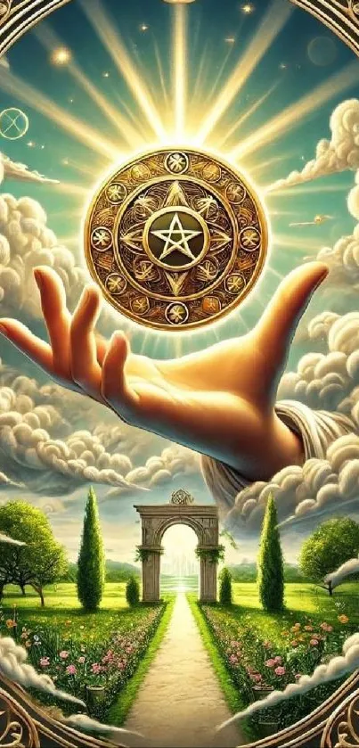 Celestial hand holding a radiant mandala in serene landscape.