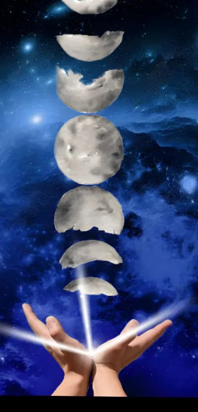 Mobile wallpaper showing hands and moon phases against a cosmic blue background.