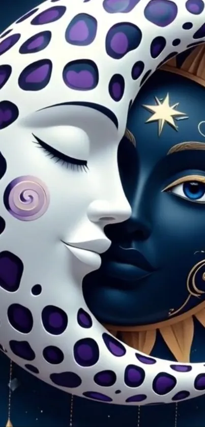 Surreal celestial art with moon and sun faces intertwined.