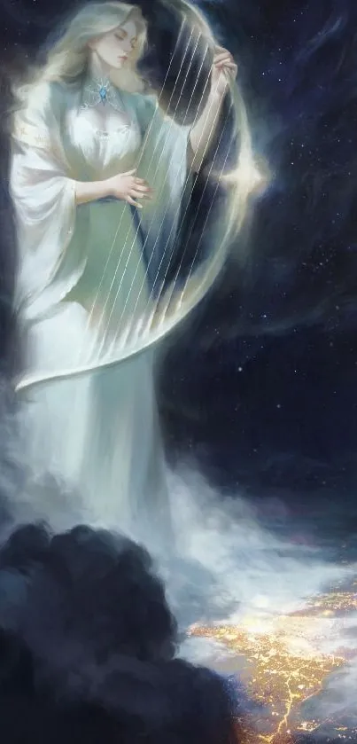 Celestial figure playing harp in night sky.